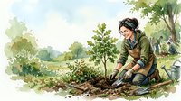 Young woman planting a tree in a green garden, watercolor illustration. Eco-friendly gardening, nature care, and environmental conservation concept.