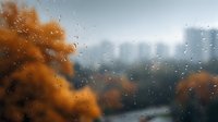 Raindrops on window glass with blurred autumn cityscape background showing orange foliage and urban buildings on moody rainy day, creating atmospheric scene.