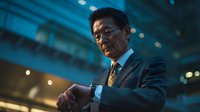 Professional businessman in suit checking smartwatch in modern office building at night with city lights background for corporate technology concepts.