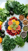 Colorful superfood arrangement with fresh fruits, vegetables, nuts and seeds on white background for healthy eating and nutrition concepts.