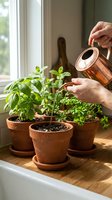 Hands watering fresh herb plants in terracotta pots on sunny windowsill with copper watering can for indoor gardening and kitchen herbs cultivation.