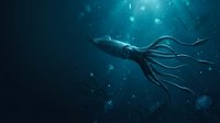 Giant squid swimming in deep ocean waters with bioluminescent particles and mysterious underwater atmosphere for marine biology education.