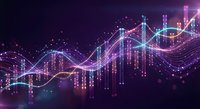 Abstract digital data visualization with flowing neon waves and glowing particles on dark purple background for technology presentations and analytics.
