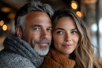 Happy mature man with gray beard and young woman embracing warmly in cozy indoor setting with soft lighting for lifestyle and relationship content.