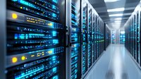 Modern server room corridor with rows of network equipment and blue LED indicators, showcasing advanced data center infrastructure for technology concepts.