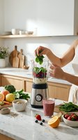Woman preparing healthy smoothie with fresh spinach leaves in modern kitchen blender surrounded by organic fruits and vegetables for nutritious breakfast.