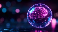 Glowing pink brain hologram in blue sphere with digital network connections against dark background with bokeh lights, futuristic neuroscience concept.