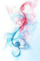 Abstract musical treble clef in flowing watercolor style with red and blue smoke effects on white background, creating dynamic movement and artistic expression.