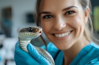 Female veterinarian in blue scrubs holding a garter snake, showcasing wildlife care with a warm smile in a clinical setting.