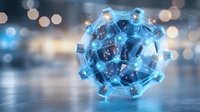 Futuristic virus model with glowing blue network connections and digital data points on bokeh background for medical technology concepts.