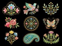 Set of nine folk art embroidery elements on transparent background, including bird, butterfly, pomegranate, paisley, thistle, and floral motifs for sublimation and t-shirt design.