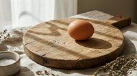 Fresh brown egg on rustic wooden cutting board in natural sunlight kitchen setting for organic cooking and healthy breakfast preparation.