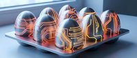 Futuristic electronic eggs with glowing circuit patterns on white plate, modern technology concept for digital innovation and artificial intelligence themes.