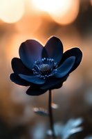 Dark blue anemone flower in dramatic silhouette against soft bokeh background, creating mysterious and moody atmosphere. Macro photography with selective focus.