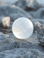 Glowing white sphere resting on rocky surface with blurred stone background creating mystical atmospheric scene for meditation and wellness concepts.