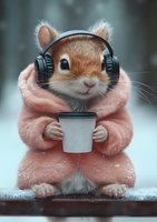 Adorable gerbil in pink hoodie wearing headphones and holding coffee cup against winter background, creating whimsical mood for social media and greeting cards.