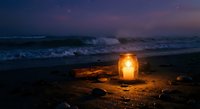 Glowing lantern on sandy beach at twilight with ocean waves and purple starry sky creating romantic atmospheric evening scene for relaxation and meditation.