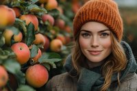 Young woman in orange knit beanie and cozy sweater smiling at camera while standing in apple orchard during autumn harvest season, natural lifestyle portrait.