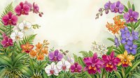 Watercolor tropical orchid frame with colorful blooms and lush green ferns on a light background, copy space in center.