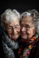 Elderly Caucasian twin sisters with silver hair and glasses share intimate moment, wearing colorful floral and knit scarves against dark background. Genuine smiles and warmth.