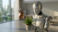 Humanoid robot watering small potted plant in modern home interior, artificial intelligence caring for nature and greenery in futuristic domestic setting.