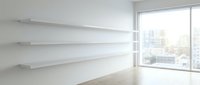 Empty white shelves mounted on wall in modern minimalist room with large window overlooking city skyline for product display and interior design.
