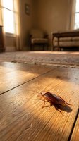 Cockroach crawling on wooden floor in residential home interior with furniture and natural sunlight streaming through windows creating pest control concept.