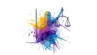 Abstract justice concept with colorful watercolor splashes, scales of justice, and geometric elements on white background for legal design projects.