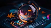 Crystal ball reflecting financial data charts and graphs with autumn leaves on dark background, glowing with orange and blue light. Market prediction concept.