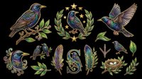 Iridescent starling bird clipart set isolated on transparent background, featuring feathers, nest, laurel wreath, and stars. Ready for t-shirt design, stickers, sublimation, print on demand.