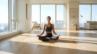 Woman in athletic wear practicing yoga in lotus position on wooden floor in bright, modern apartment with floor-to-ceiling windows overlooking city skyline. Suitable for wellness, fitness, and lifestyle content.