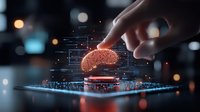 Digital brain hologram floating over smartphone screen with hand interaction, glowing particles and neural network visualization in dark environment with bokeh lights.
