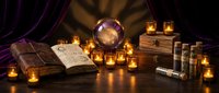 Mystical fortune teller workspace with crystal ball, ancient books, candles and tarot cards on dark table for divination and spiritual guidance sessions.