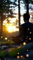 Silhouette of person meditating in lotus position during golden sunset in forest with magical bokeh lights and sun flares creating peaceful atmosphere.