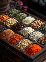 Wooden compartment box filled with colorful spices, dried herbs, nuts and legumes arranged in sections, creating vibrant culinary display for cooking and seasoning.