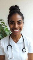 Young African American female medical professional wearing white uniform and stethoscope smiling warmly at camera, natural indoor setting with green plant in background.