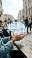 Hand holding glowing holographic brain in urban cafe setting representing artificial intelligence, mental health awareness and cognitive technology concepts.
