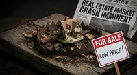 Real estate market crash concept with miniature houses in bear trap and newspaper headline showing economic downturn and property crisis.
