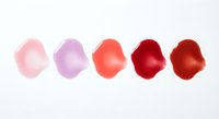 Five colorful lip gloss swatches in gradient from pale pink to deep burgundy on white background for cosmetic branding and makeup tutorials.