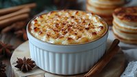 Creamy rice pudding topped with caramelized sugar and cinnamon in white ramekin, served with star anise and cinnamon sticks on rustic wooden surface.
