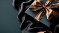 Elegant black gift box with luxurious copper satin bow and flowing fabric on dark background, creating sophisticated contrast for luxury presents and celebrations.
