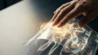 Male hand with medium skin tone interacting with glowing digital interface on tablet, representing technology, innovation, and futuristic digital solutions for business applications.