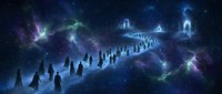Robed silhouettes walk a cosmic path toward a glowing celestial gate amid a vast starry nebula, evoking mystery, spirituality, and the afterlife.