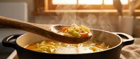 Wooden spoon lifting cooked pasta with vegetables over steaming pot of boiling water in warm kitchen light, cooking concept.