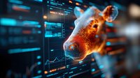 Futuristic digital bull market concept with glowing orange bull head emerging from financial data screens and trading charts in blue tech environment.