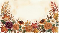 Watercolor autumn floral border with chrysanthemums, oak leaves, berries, and pine cones on a warm beige background with copy space.