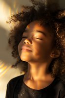 Young African American girl with curly hair in peaceful meditation pose, eyes closed, bathed in warm golden sunlight creating ethereal atmosphere and lens flares.