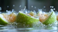Fresh lime slices with water droplets and splashes on dark background, extreme close up macro photography showing juicy citrus texture and refreshing drops.