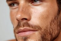 Close up portrait of young caucasian male model with well-groomed beard and glowing healthy skin showing confident expression against light background.