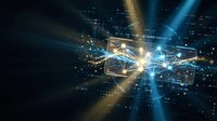 Digital technology network with glowing connections and data streams on dark background for business presentations and tech concepts.